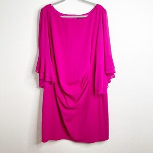 Jessica Howard Womens Plus 24W Fuchsia Pink Ruffle Sleeve Ruched Cocktail Dress